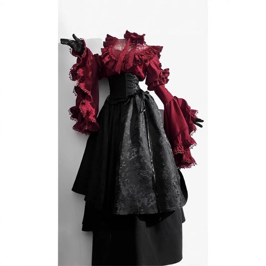Halloween Gothic Lolita Shirt Corset Skirt Set with Princess Sleeves, Elegant and Lavish Two-Piece Outfit for Women