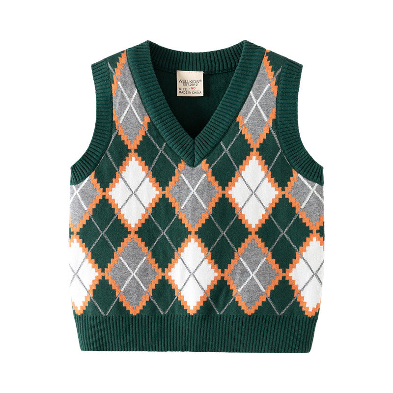 Casual Kids' Knit Vest for Boys, College Style, Plaid Pattern, Children's Clothing