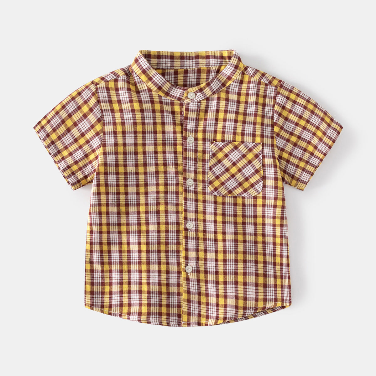 Coffee Grid Stand Collar Kids Short Sleeve Cool Outdoor Travel Casual Middle and Small Children Shirt