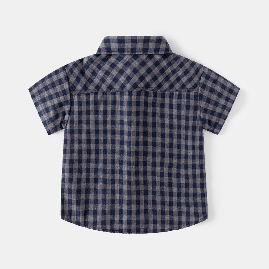 Children's Plaid Short Sleeve Shirt, Turn-Down Collar, Pure Cotton Blouse, Stylish Top for Kids