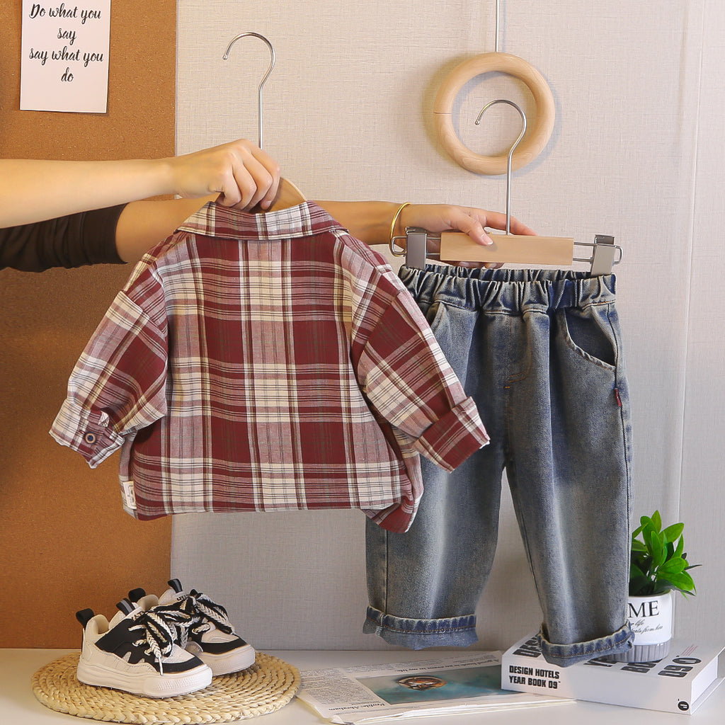 Checkered shirt long sleeved three piece set for infants and children