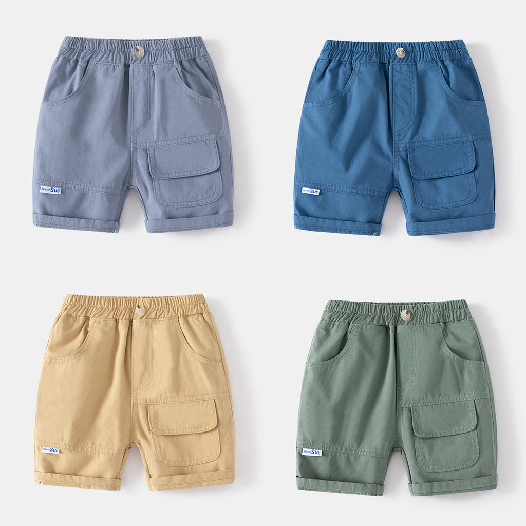 Casual Khaki Five-Point Pants with Large Pockets Faux Button Elastic Waistband Kids Sport Shorts