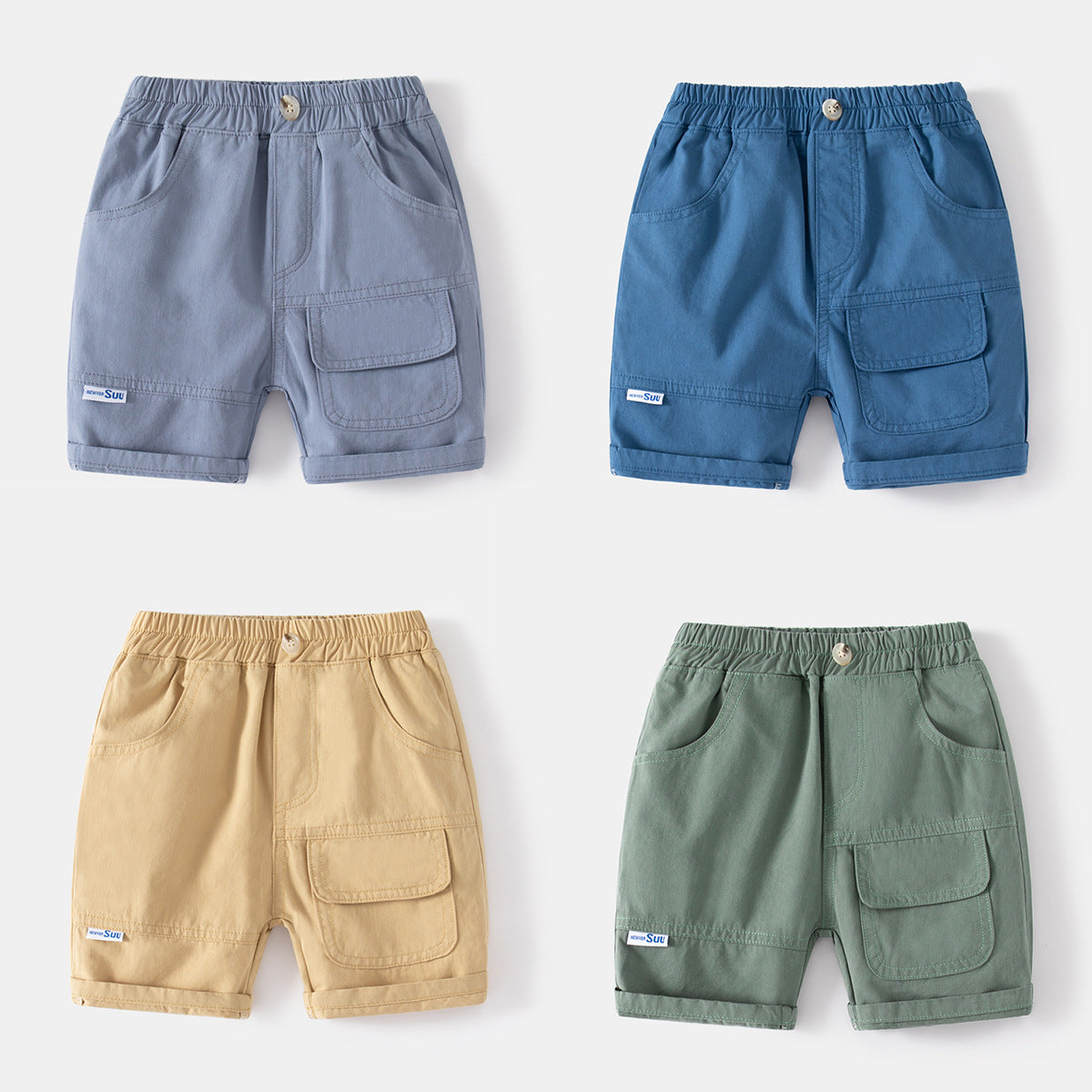 Casual Khaki Five-Point Pants with Large Pockets Faux Button Elastic Waistband Kids Sport Shorts