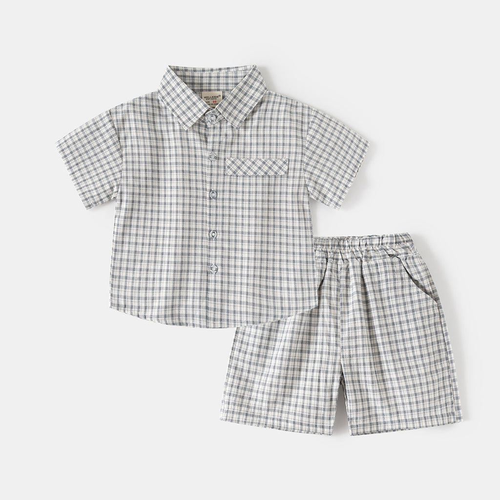 Short Sleeve Outfit Set, Stylish Checkered Shirt and Shorts Two-Piece Casual Kids