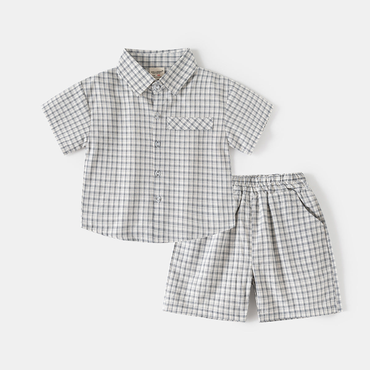 Short Sleeve Outfit Set, Stylish Checkered Shirt and Shorts Two-Piece Casual Kids
