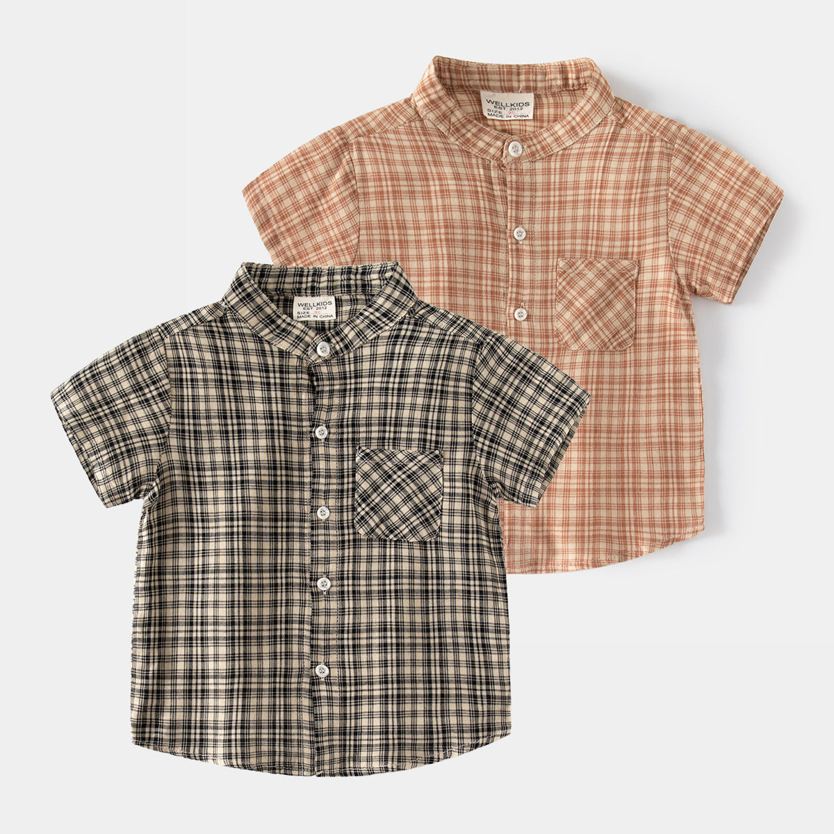Casual Plaid Short Sleeve Shirt for Boys with Stand Collar