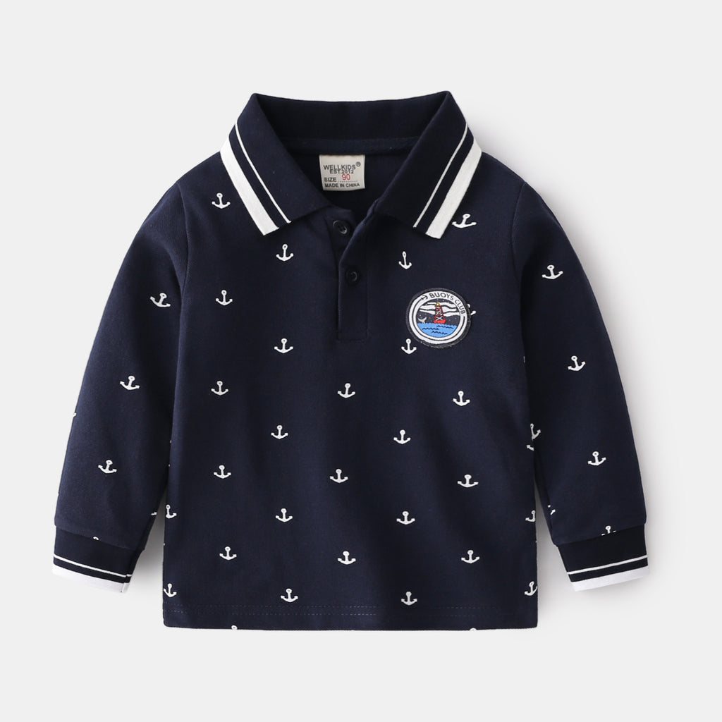 Blue and White Collar Cool Trendy Cute Daily School Boy Long Sleeve Shirt