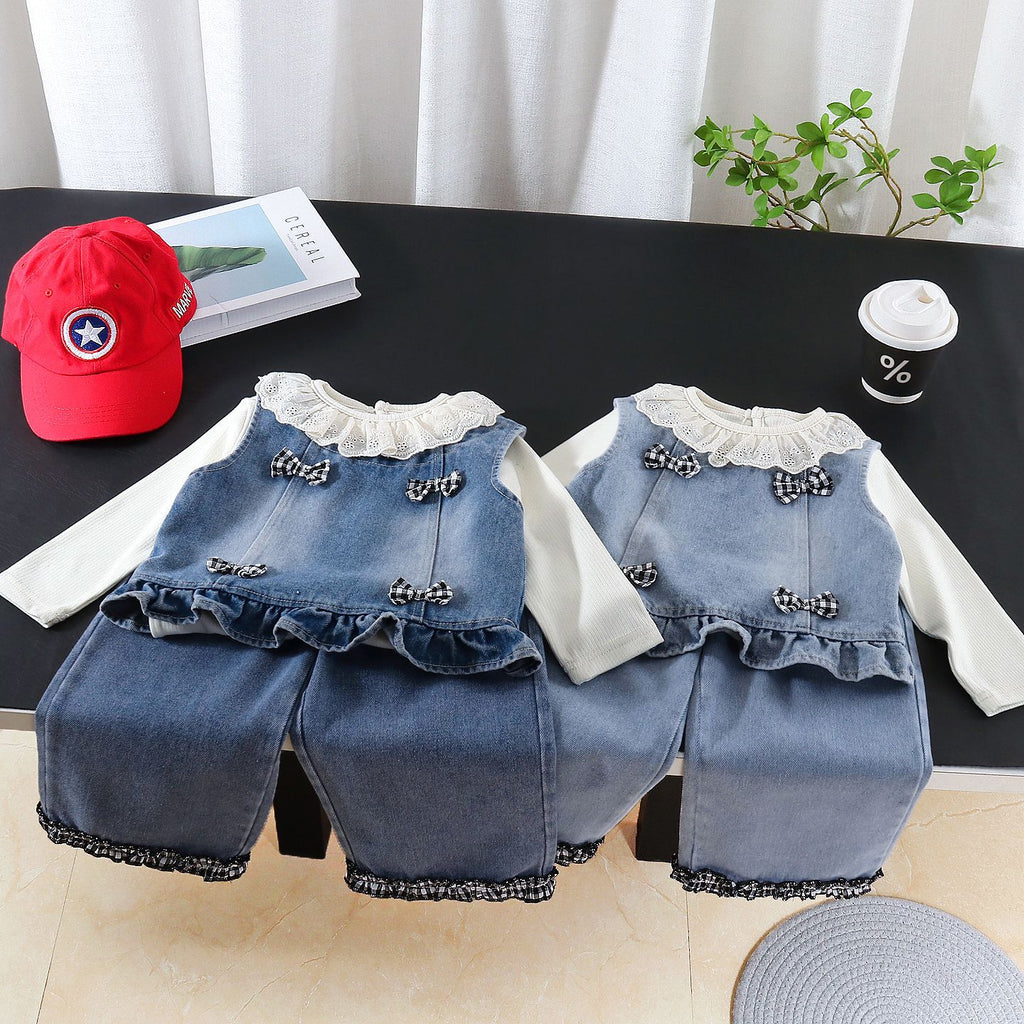 Spring outfit girl denim vest long sleeved three piece set