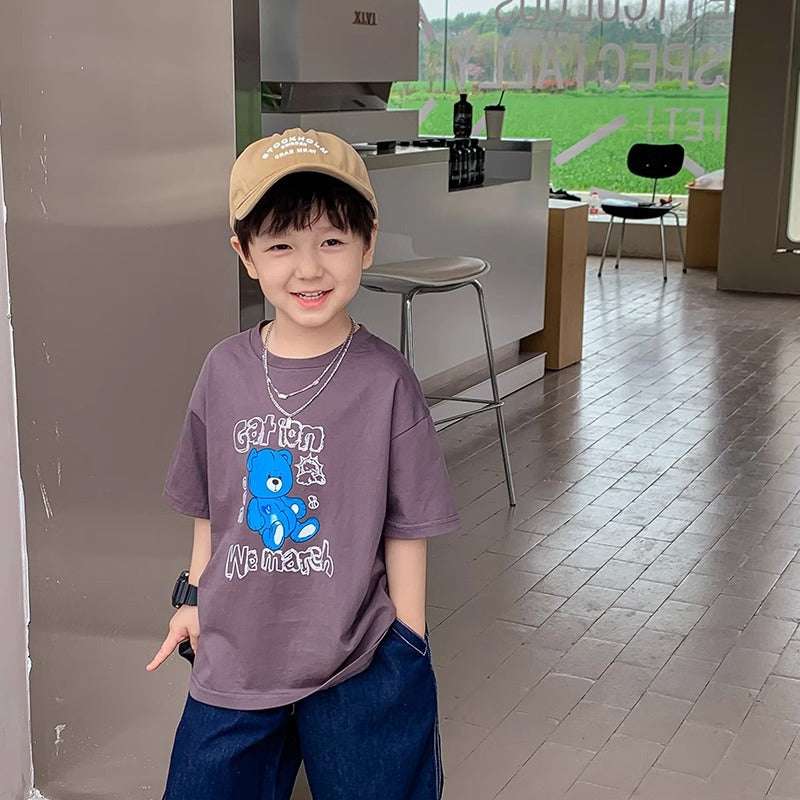 Children's Boy Short Sleeve T-Shirt Bear Print Round Neck Tee