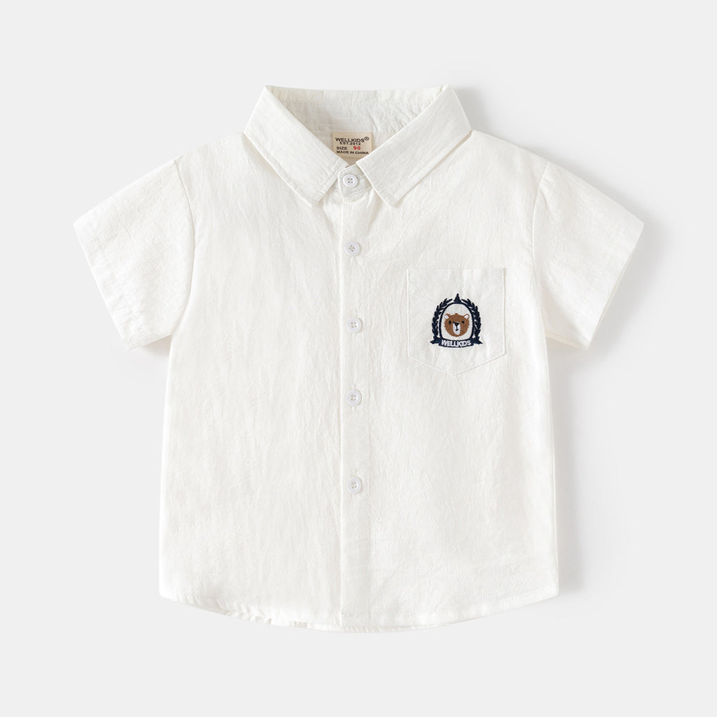Short Sleeve Shirt Korean Style Children's Embroidered Dress Shirt Baby Turn-down Collar Solid Color Top