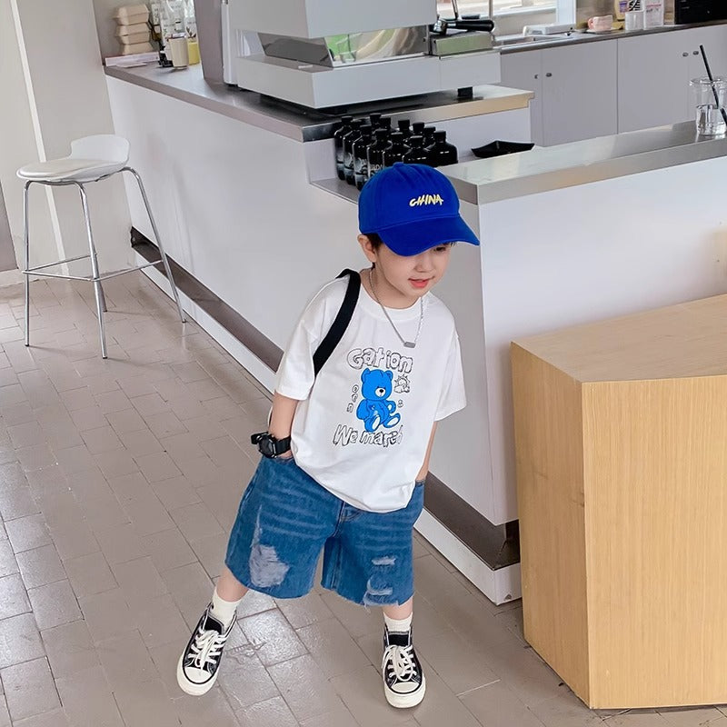 Children's Boy Short Sleeve T-Shirt Bear Print Round Neck Tee