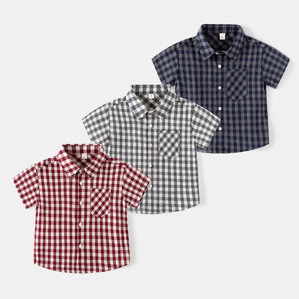 Children's Plaid Short Sleeve Shirt, Turn-Down Collar, Pure Cotton Blouse, Stylish Top for Kids