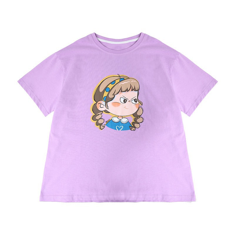 Cartoon Print Loose Short Sleeve T-Shirt for Girls, Casual Style, Kids' Clothing