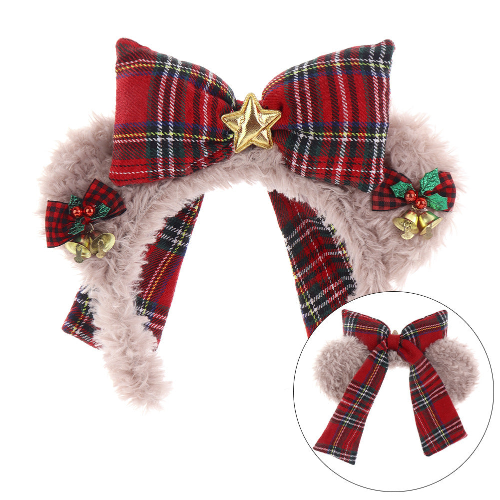 Christmas Plush Shellelue Headband with Bow, Red Kitty Hairband for Theme Park Photos