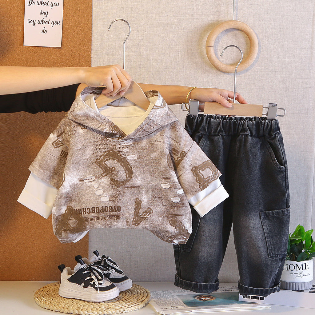 Letter hooded vest long sleeved three piece set for babies