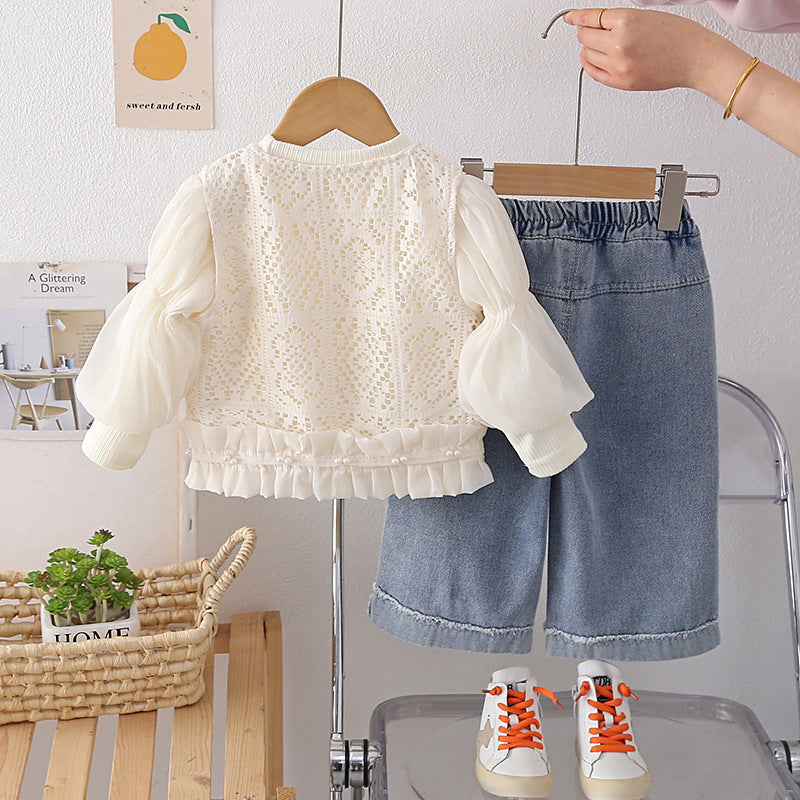 Female baby hollow cardigan vest long sleeved three piece set