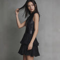New short dress, sexy sleeveless PU leather spliced dress, elegant double-layer pleated ruffle hem skirt