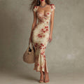 Vintage Printed Fitted Dress Elegant Slim Fit Bodycon Long Dress Evening Gown