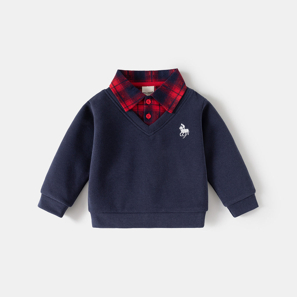 Boys' Faux Two-Piece Hoodie, Children's Shirt Collar Jacket, Baby V-Neck Top