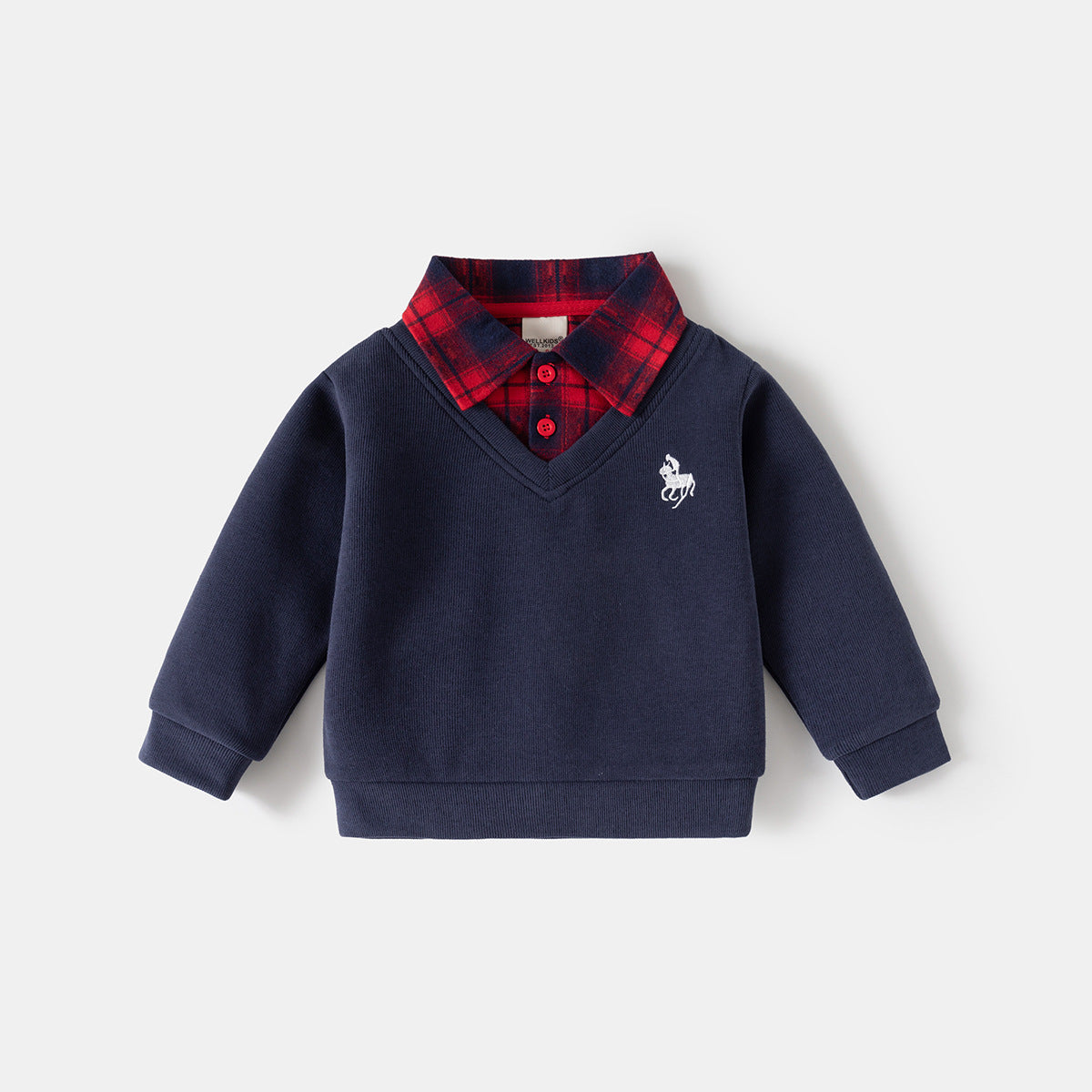 Boys' Faux Two-Piece Hoodie, Children's Shirt Collar Jacket, Baby V-Neck Top