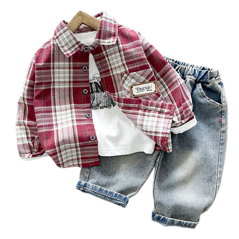 Checkered shirt long sleeved three piece set for infants and children