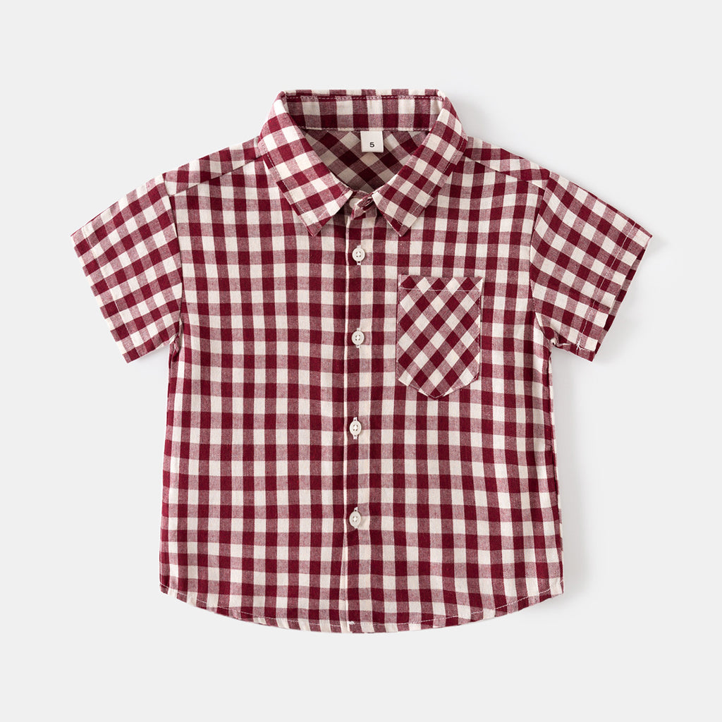 Children's Plaid Short Sleeve Shirt, Turn-Down Collar, Pure Cotton Blouse, Stylish Top for Kids
