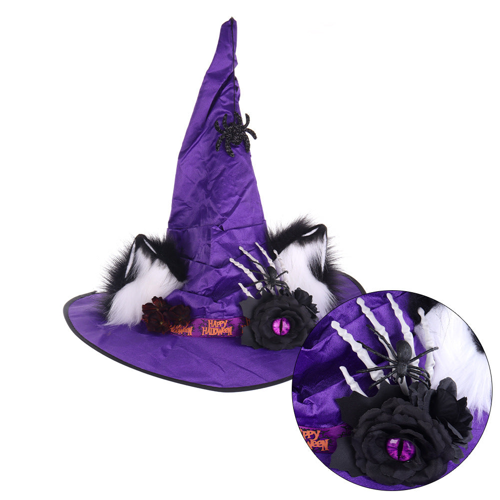 Halloween Fuzzy Animal Ears Dark Witch Hat Cosplay Spider Rose Wizard Performance Prop