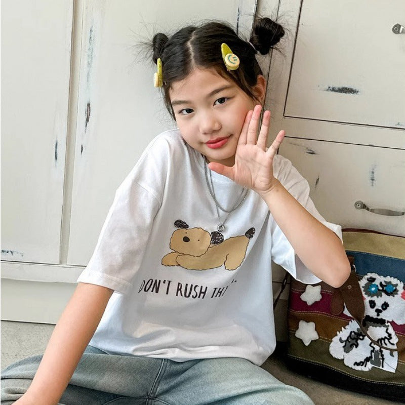 Children's Girls Short Sleeve T-Shirt Simple Cartoon Print Casual Top Trendy