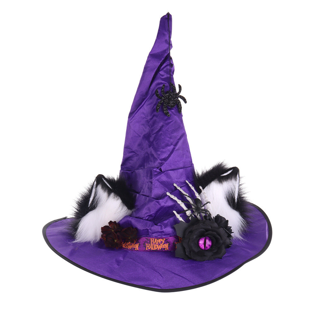 Halloween Fuzzy Animal Ears Dark Witch Hat Cosplay Spider Rose Wizard Performance Prop