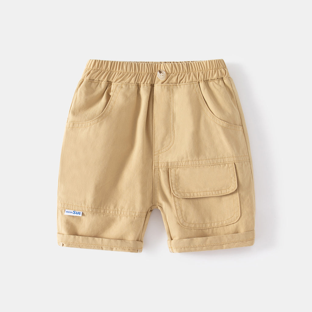 Casual Khaki Five-Point Pants with Large Pockets Faux Button Elastic Waistband Kids Sport Shorts