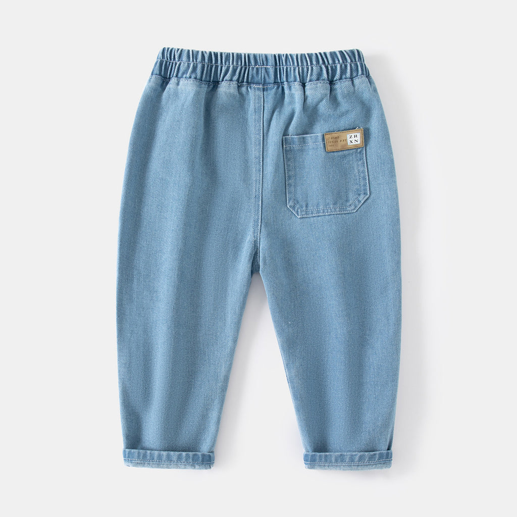 Mid-Waist Blue Patch Pocket Boys' Jeans Long Pants Casual Outdoor Soft Cotton Denim Pants