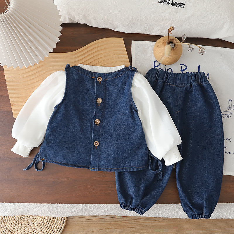 Baby girl denim vest long sleeved three piece set
