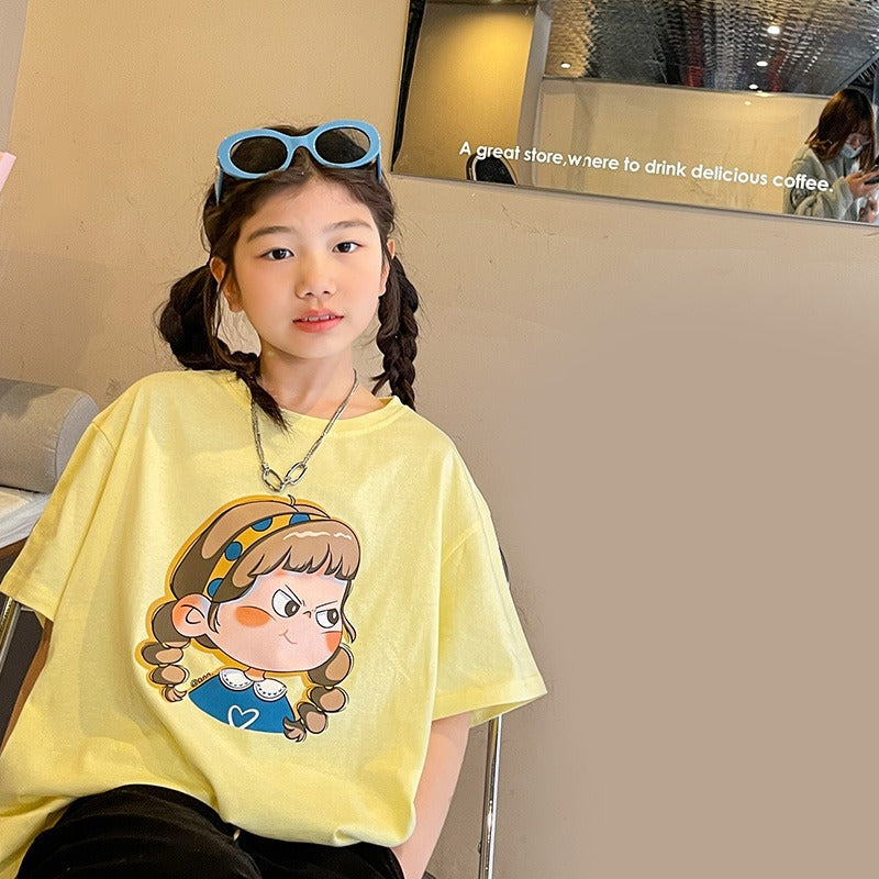 Cartoon Print Loose Short Sleeve T-Shirt for Girls, Casual Style, Kids' Clothing