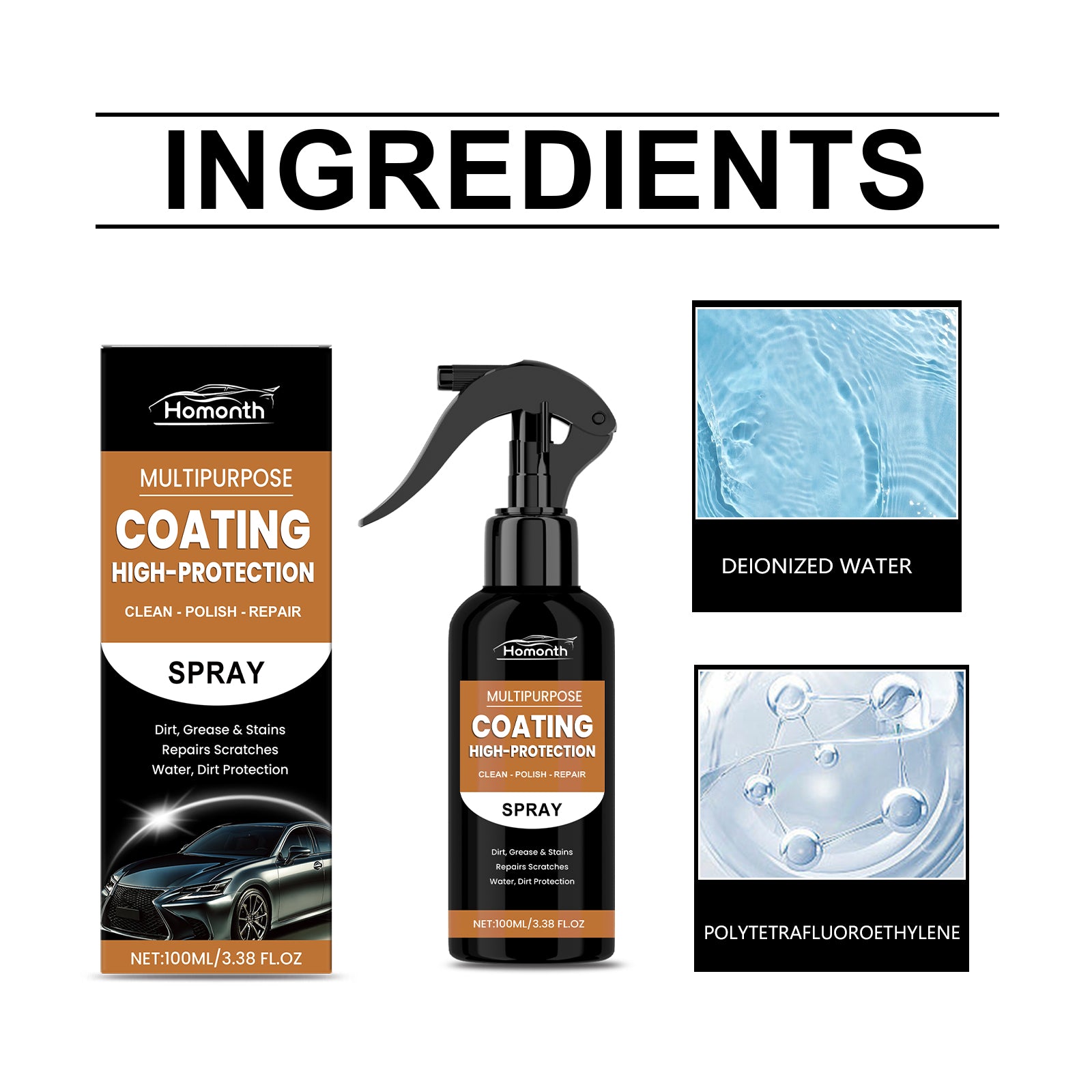 Homonth Automobile Protective Coating Spray, Multi-Functional Car Cleaning, Rust Removal, Scratch Repair, Universal Care
