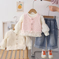 Female baby hollow cardigan vest long sleeved three piece set