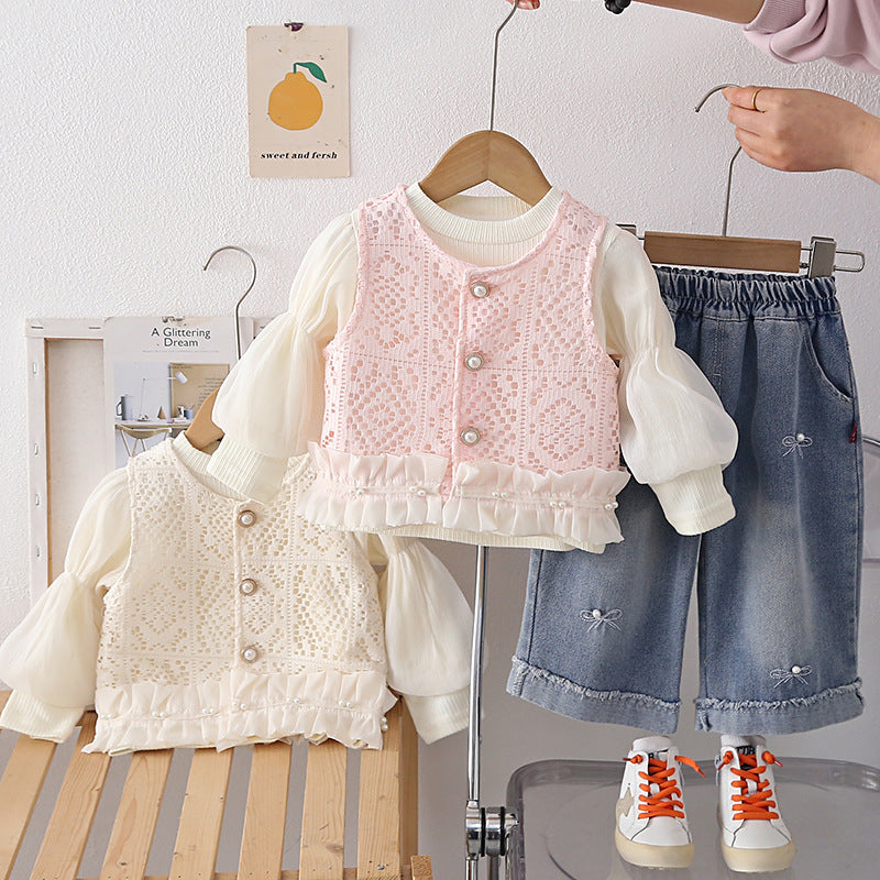 Female baby hollow cardigan vest long sleeved three piece set