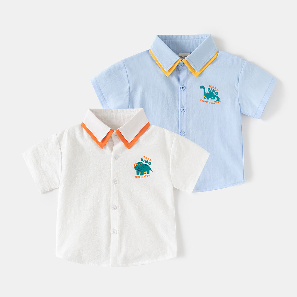 Short Sleeve Shirt for Boys Dinosaur Print Button-Down, Stylish Baby Boy's Summer Outfit