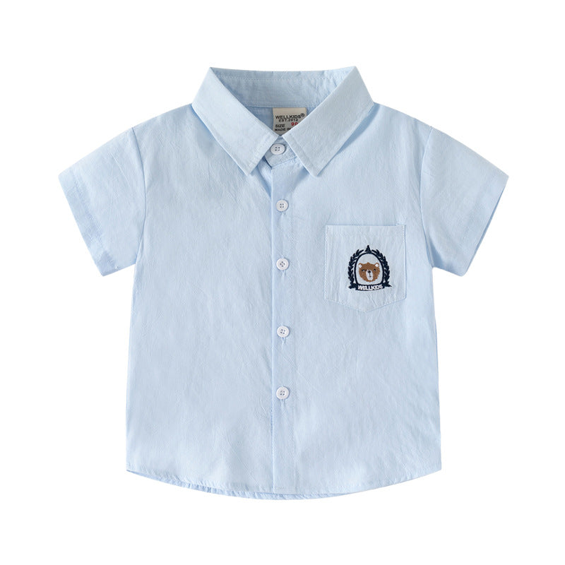 Short Sleeve Shirt Korean Style Children's Embroidered Dress Shirt Baby Turn-down Collar Solid Color Top