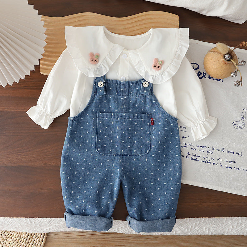 Baby girl collar long sleeved overalls two-piece set