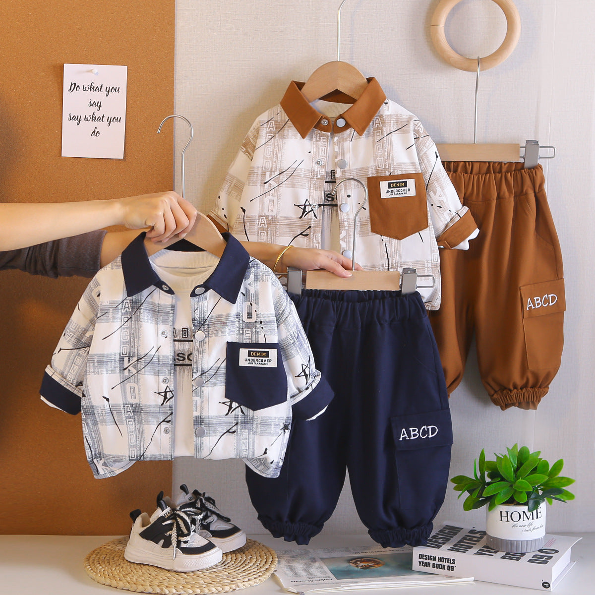 Spring and Autumn style shirt long sleeved three piece set