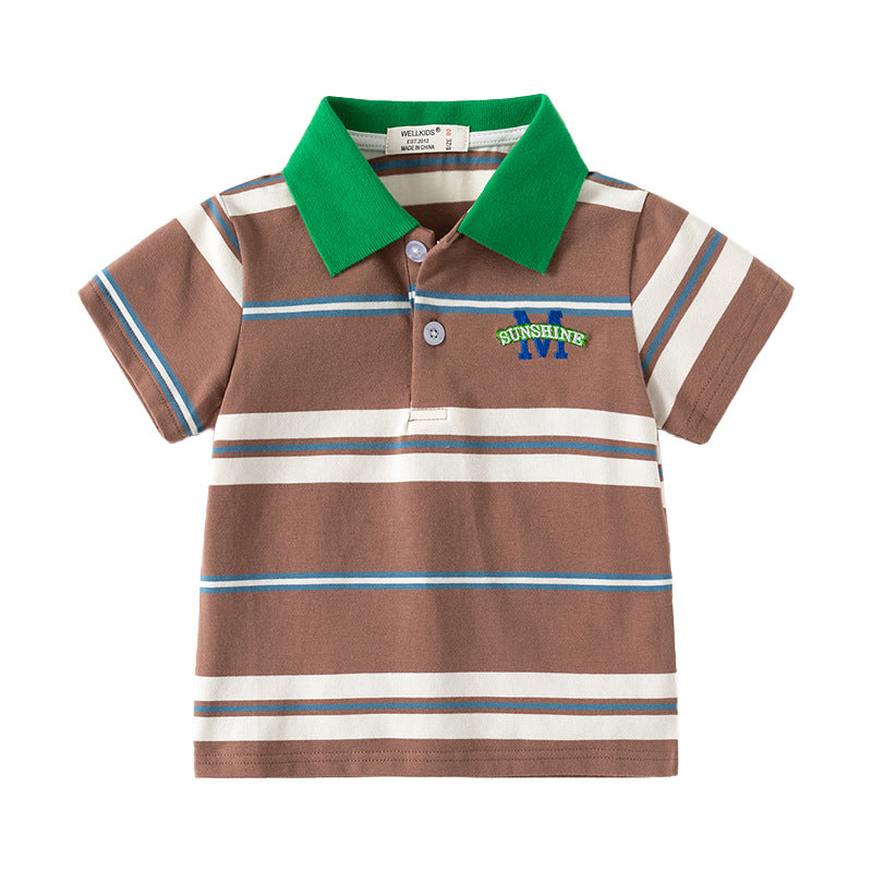 Boys' Short Sleeve T-Shirt, Striped Polo Shirt with Embroidery, Casual Summer Top for Kids