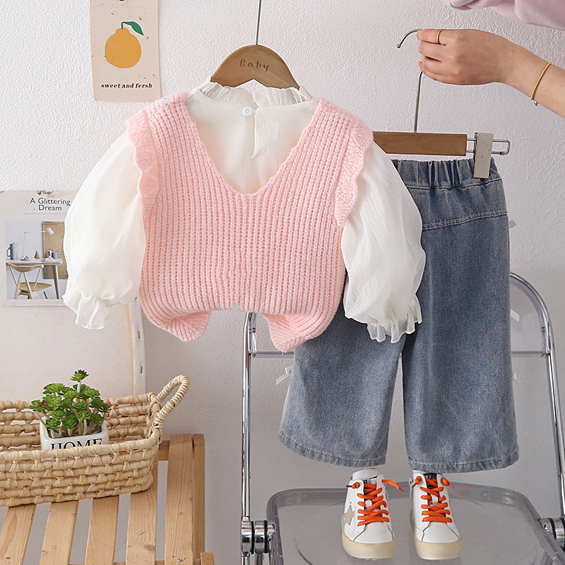 Sweater vest three piece set for baby and children's spring and autumn clothing