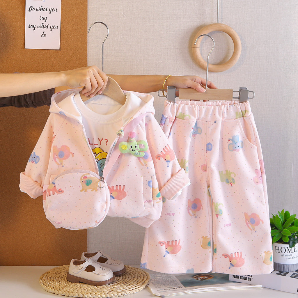Cartoon hooded long sleeved three piece set