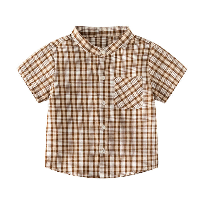 Coffee Grid Stand Collar Kids Short Sleeve Cool Outdoor Travel Casual Middle and Small Children Shirt