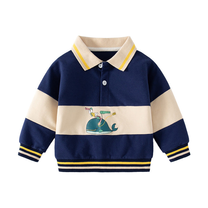 Whale Print Kids' Hoodie, Casual Cuffed Sleeve, Non-Hooded Collar Sweatshirt for Boys