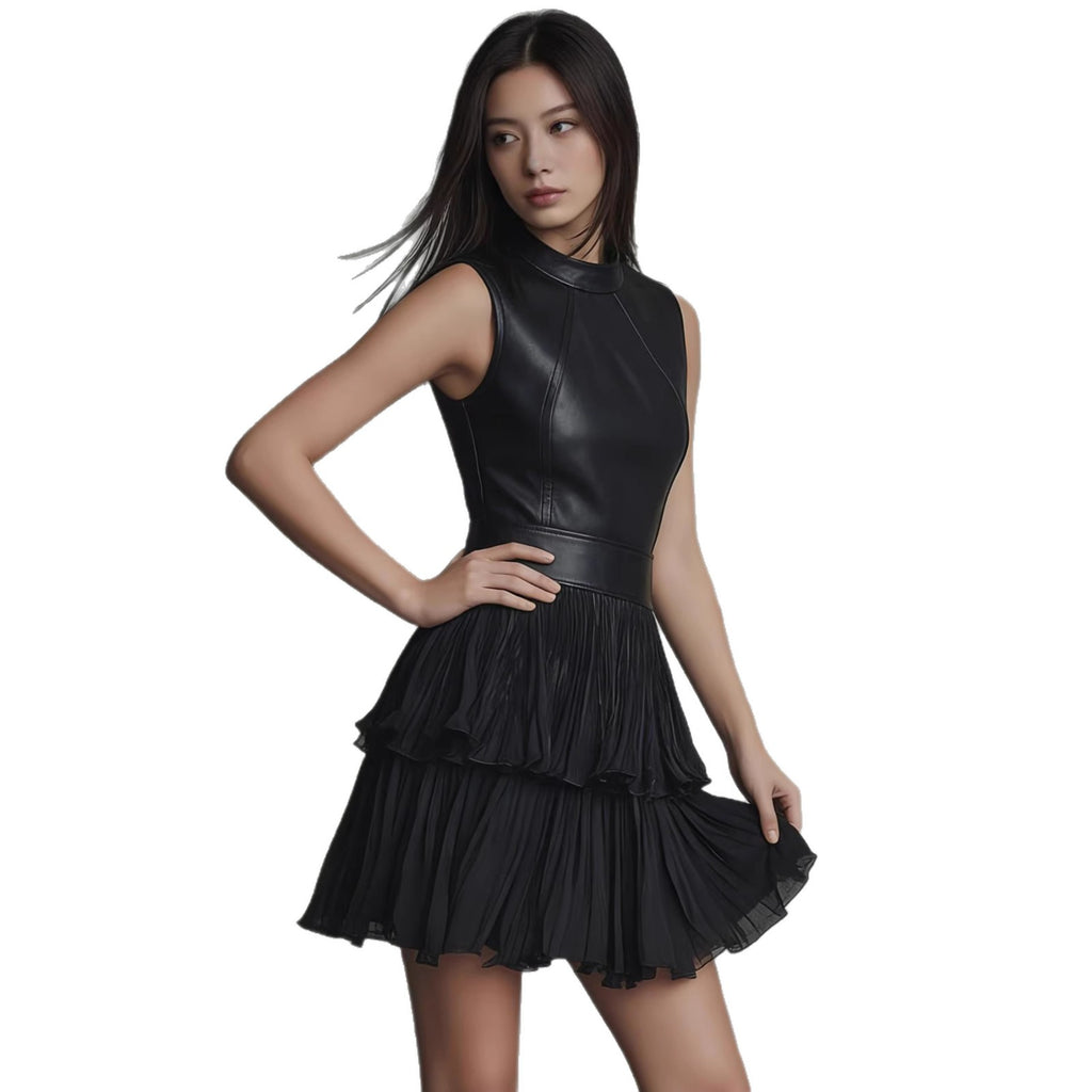 New short dress, sexy sleeveless PU leather spliced dress, elegant double-layer pleated ruffle hem skirt