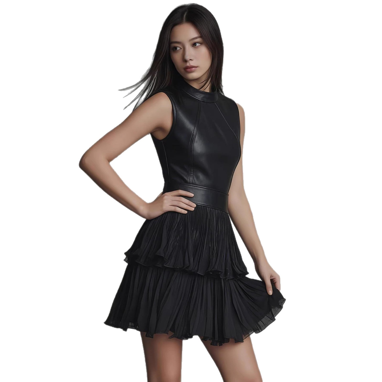 New short dress, sexy sleeveless PU leather spliced dress, elegant double-layer pleated ruffle hem skirt