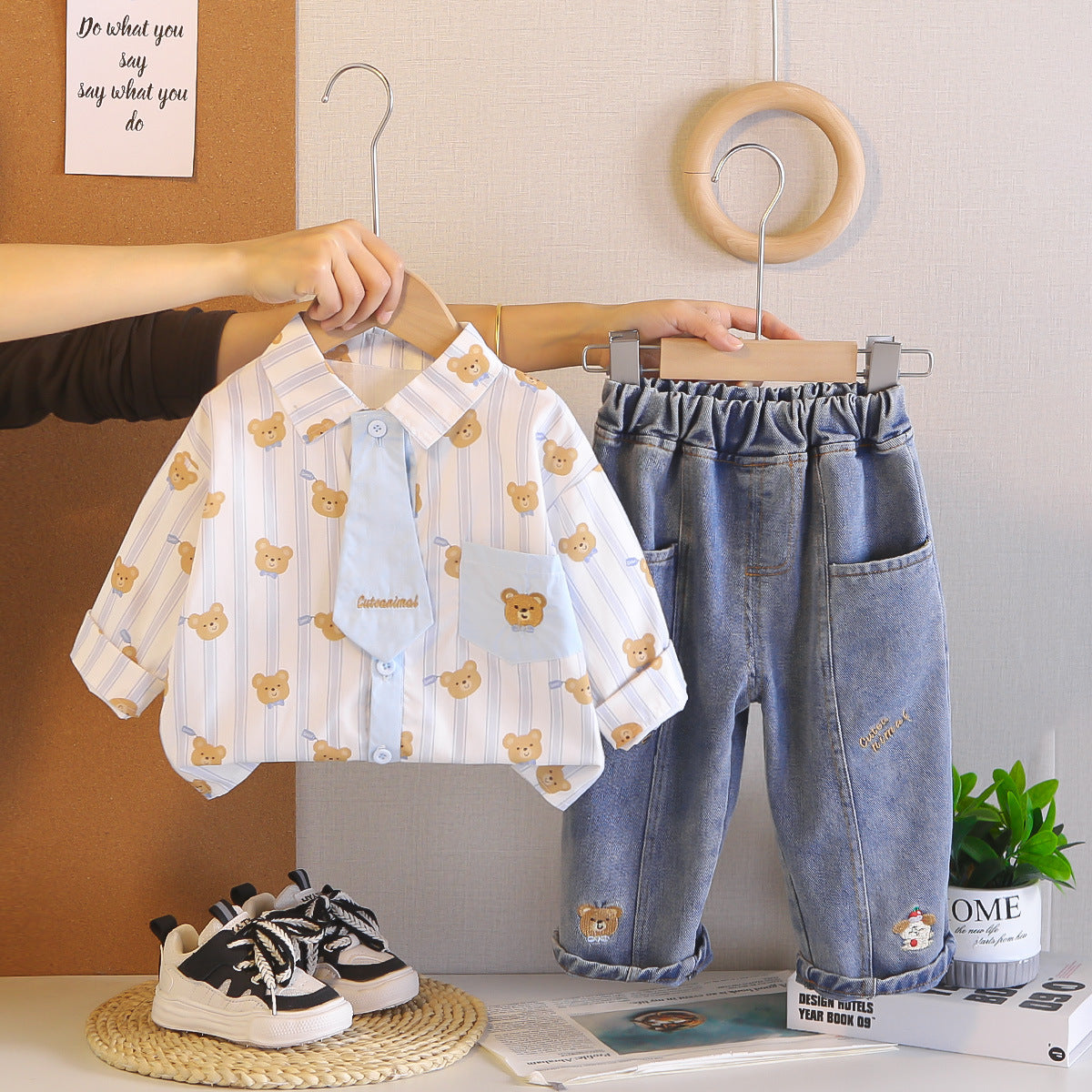 Cartoon tie shirt two-piece set