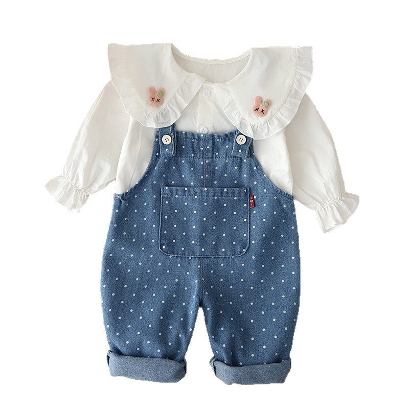 Baby girl collar long sleeved overalls two-piece set