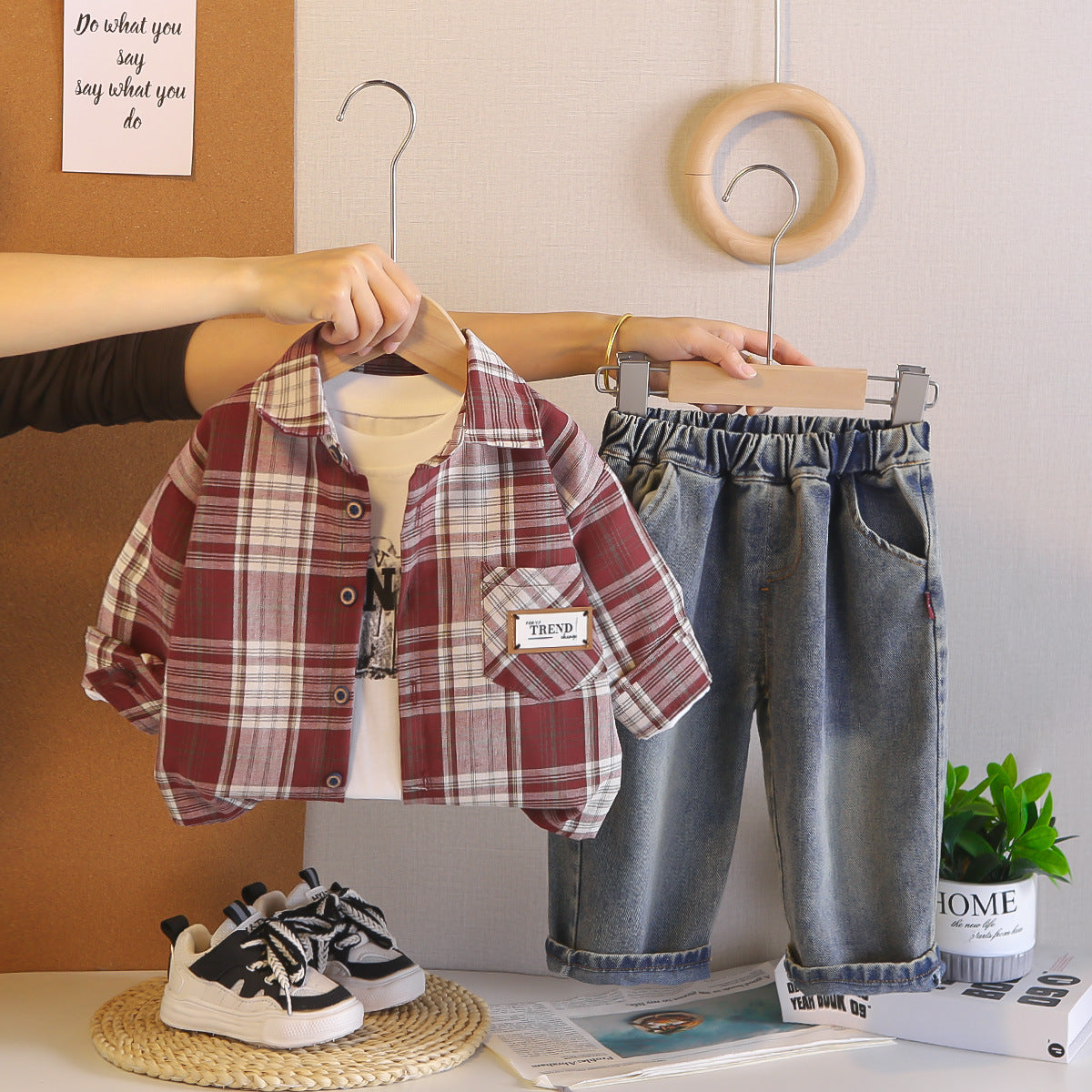 Checkered shirt long sleeved three piece set for infants and children